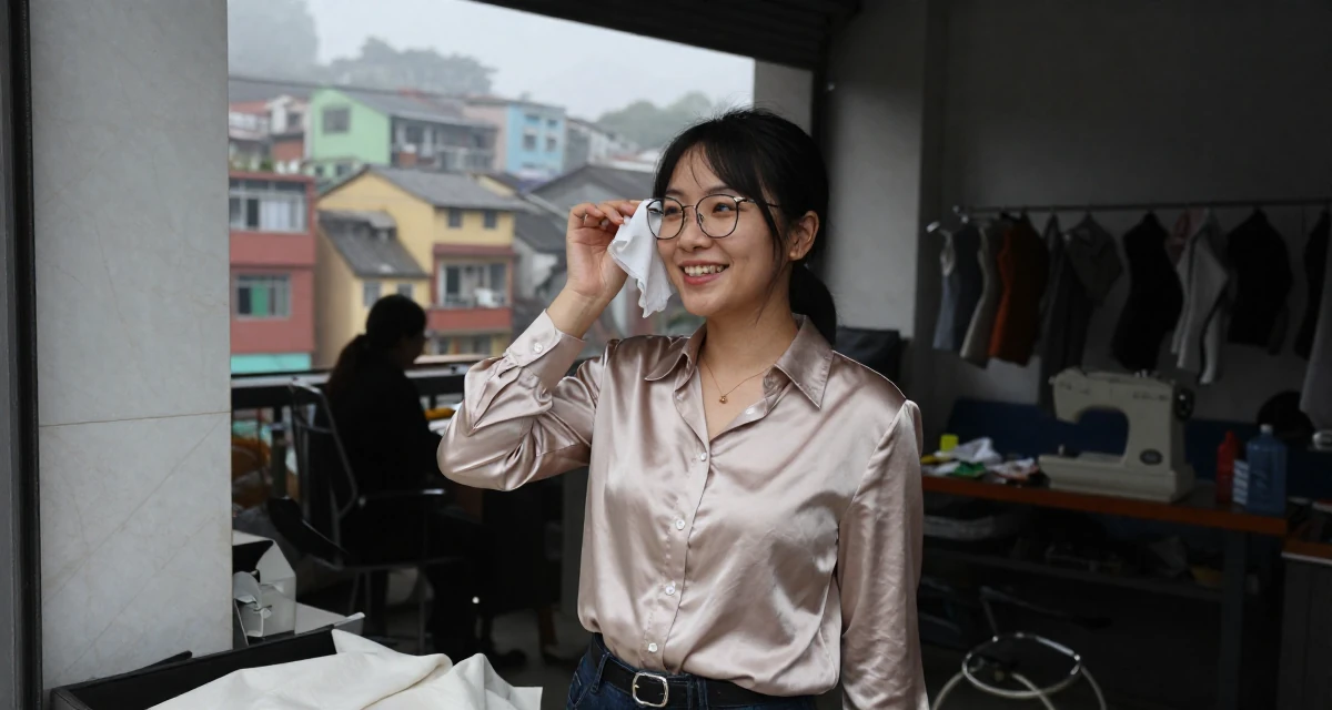 A upbeat Female From Suzhou China, grew up in a family tailoring business, learning costume craft in their 27, focusing on long-term wealth building, wearing a satin button-up shirt in champagne color, cleaning glasses with a cloth in a mechanic garage.