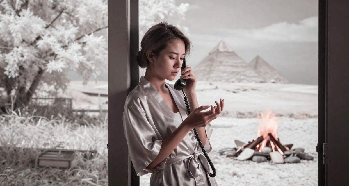 A observant Female Raised in Vietnam, studied digital illustration in their 28, realizing rebranding is emotionally draining, wearing a short silk robe tied loosely, inspecting fingernails in a campfire circle.