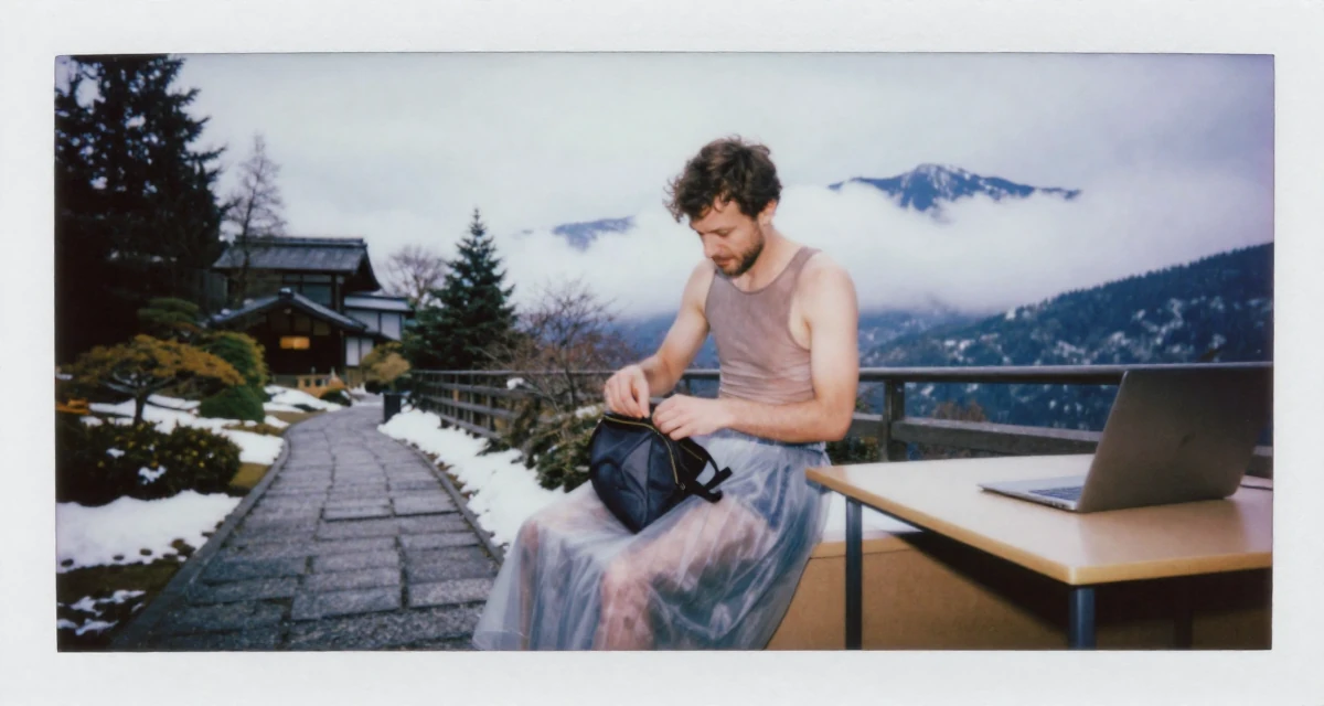 A relieved male From Germany, based in Hamburg, graduated from a design academy majoring in interaction design in their 24, learning to prioritize emotional well-being, wearing a sheer maxi skirt with a bodysuit underneath, zipping up a bag in a snowy mountain peak.