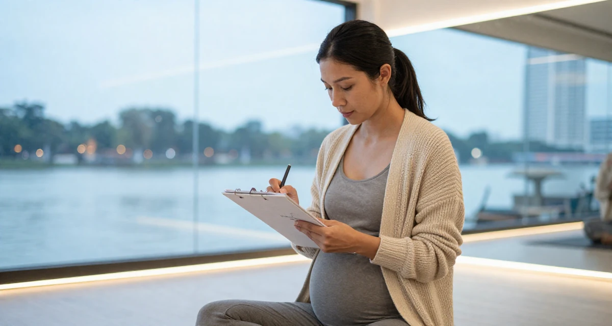 A expectant Female From Singapore, holds a degree in data science in their 44, handling high healthcare expenses, wearing a cozy knit cardigan and slacks, sketching on a pad in a yoga studio.