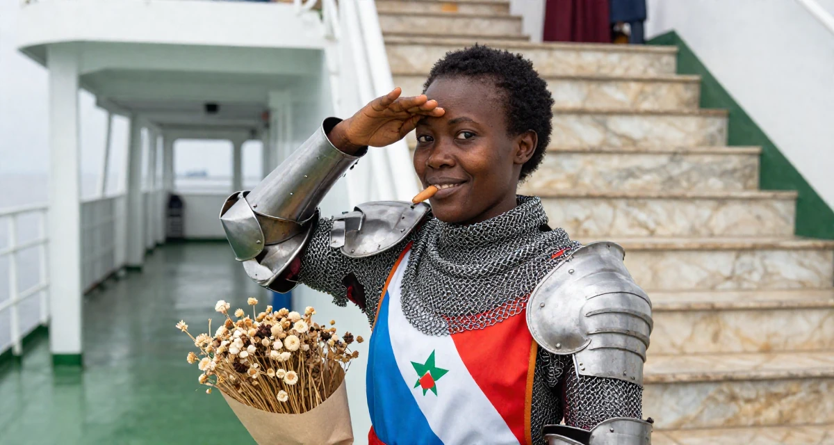 A friendly Female From Burundi, studied business accounting in their 35, planning for a legacy or long-term impact, wearing a female knight armor with a tabard and chainmail, shading eyes with a hand in a ferry deck.
