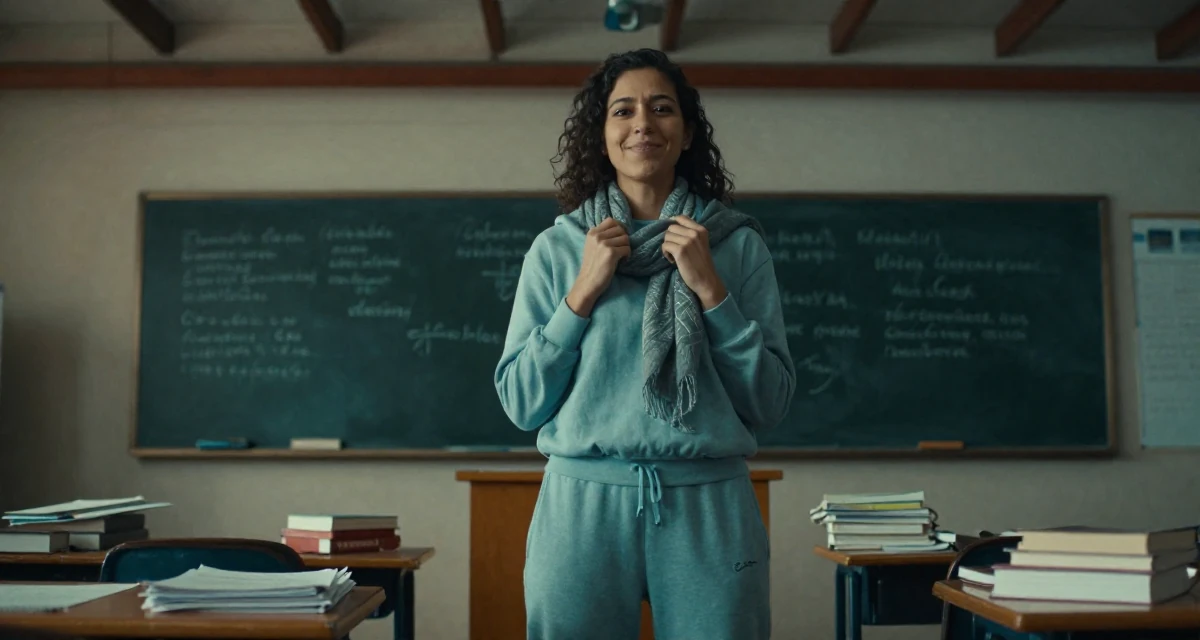 A gently amused Female From Colombia, based in Medellín, graduated from a communication school majoring in brand communication in their 32, finding confidence in a leadership role, wearing a comfortable lounge wear set, wrapping a scarf around the neck in a classroom setting.