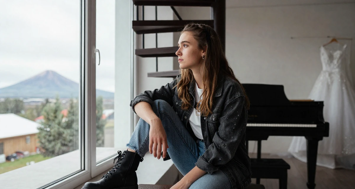A moody Female From Russia, has a background in piano performance in their 41, sharing the reality of raising high schoolers, wearing a edgy street style with boots, looking out the window in a wedding venue.