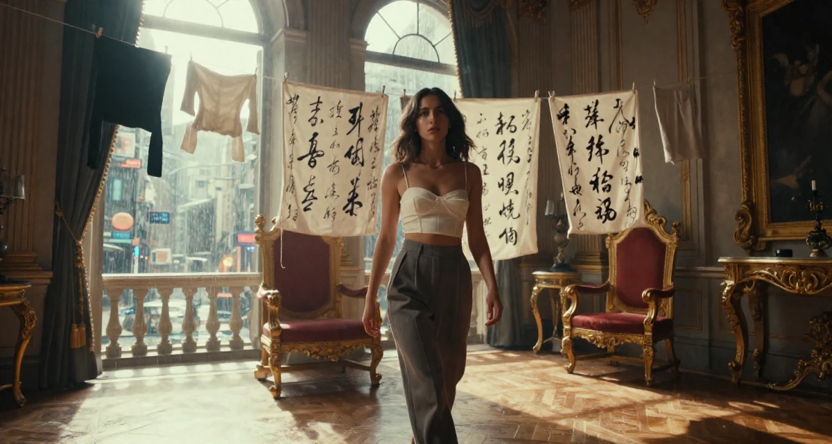 A unimpressed Female Once a calligraphy hobbyist, now integrating art into sensual themes in their 22, preparing for upcoming graduation requirements, wearing a cropped bustier top and high-waisted slacks, pausing mid-step in a royal palace throne room.