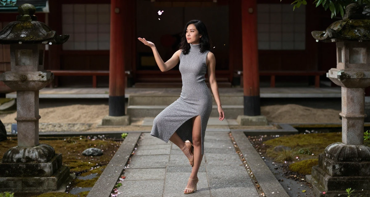 A calm and confident Female From Malaysia, based in Penang, graduated from a private university majoring in digital media in their 25, learning to balance creativity with subscriber expectations, wearing a sleeveless turtleneck dress with high side slits, catching a falling flower petal in a Japanese Shinto shrine.