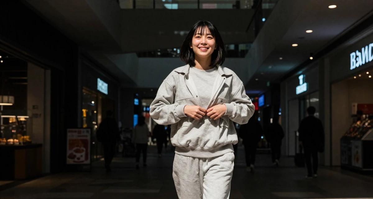 A bright and optimistic Female Previously a pastry student, now blending dessert aesthetics with lifestyle content in their 25, saving up for the first major independent purchase, wearing a relaxed jogger and sweatshirt combo, buttoning a jacket in a shopping mall atrium.