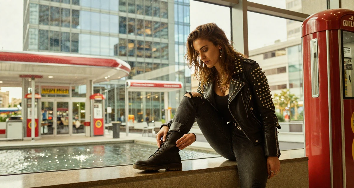 A fearless Female From Rome Italy, studied classical body aesthetics and figure drawing in their 26, working through back-to-back burnout cycles, wearing a heavy metal rocker outfit with studs and leather, looking down at shoes in a modern skyscraper lobby.