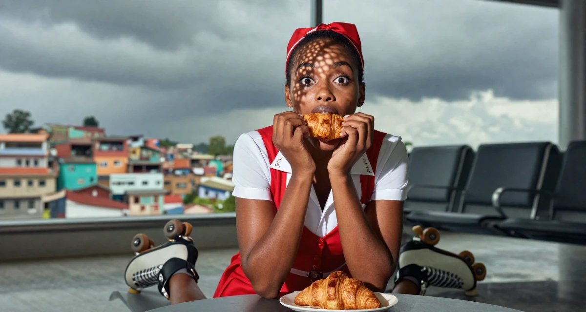A surprised Female From Tanzania, studied wildlife conservation in their 23, seeking spiritual grounding amidst chaos, wearing a retro 50s diner waitress uniform with roller skates, eating a croissant in a airport departure lounge.