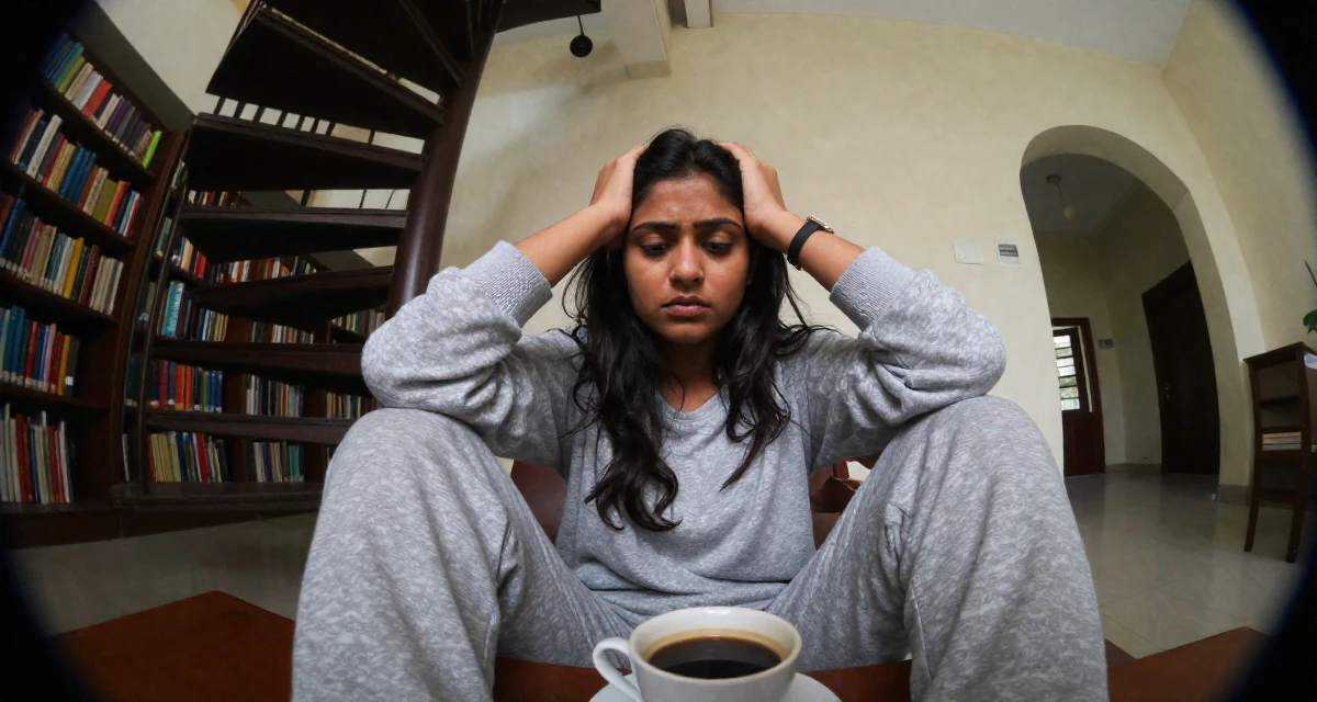 A melancholic Female From India, based in Bangalore, graduated from a technical institute majoring in information systems in their 42, restarting career after burnout, wearing a comfortable lounge wear set, holding a cup of coffee in a quiet library corner.
