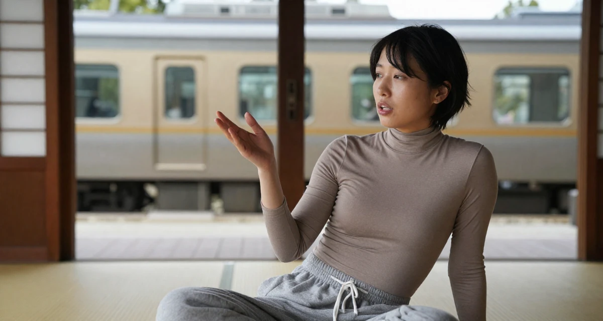 A unbothered Female From Chinese-speaking regions, majored in human resource development in their 25, adjusting expectations for adult life, wearing a high-cut bodysuit paired with loose jogging bottoms, gesturing while talking in a Japanese Shinto shrine.