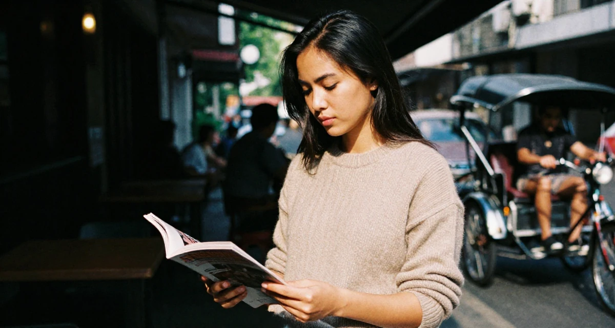 A calmly observant Female From Manila Philippines, learned stage presence from bar performance work in their 22, refining flirty messaging styles without oversharing, wearing a soft cashmere sweater look, flipping through a magazine in a sunny patio.
