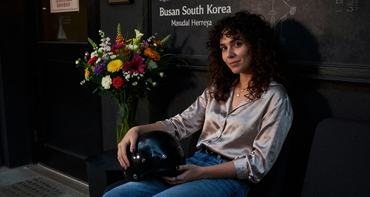 A lighthearted Female From Busan South Korea, majored in industrial design in their 23, becoming skilled at angles that highlight confidence, wearing a soft silk blouse and jeans, holding a helmet in a cinema entrance.