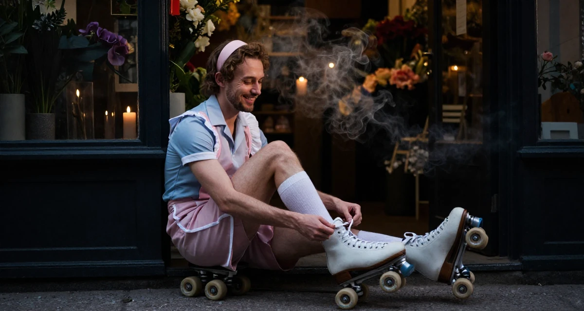 A cheerful male From Stockholm Sweden, studied minimalist aesthetics and body symmetry in their 43, sharing organization hacks for busy moms, wearing a retro 50s diner waitress uniform with roller skates, tying a shoelace in a flower shop entrance.