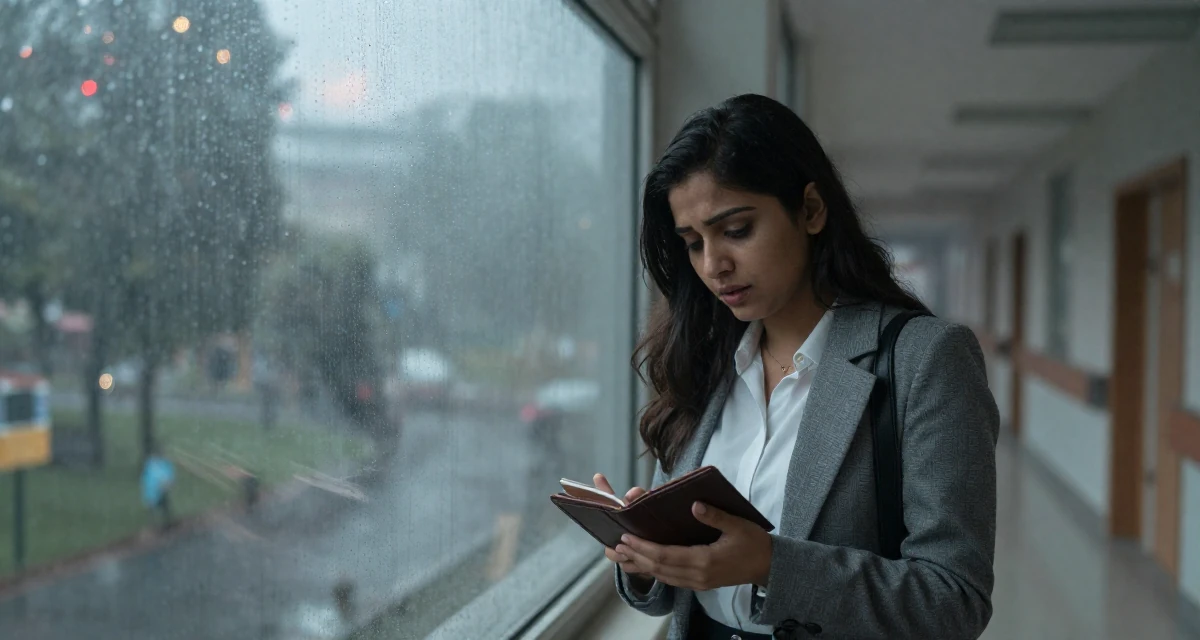 A emotionally moved Female From Pakistan, based in Lahore, graduated from a business school majoring in marketing management in their 25, learning to balance creativity with subscriber expectations, wearing a refined casual Friday look, checking a wallet in a hospital corridor.