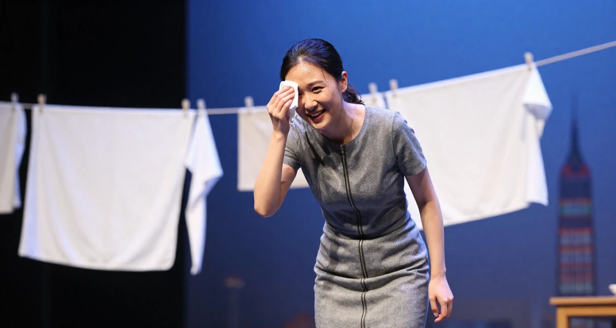 A hopeful Female Born Chinese-speaking regions, studied strategic communication in their 44, handling high healthcare expenses, wearing a pencil skirt with a zipper detail, wiping sweat from the brow in a theater stage.