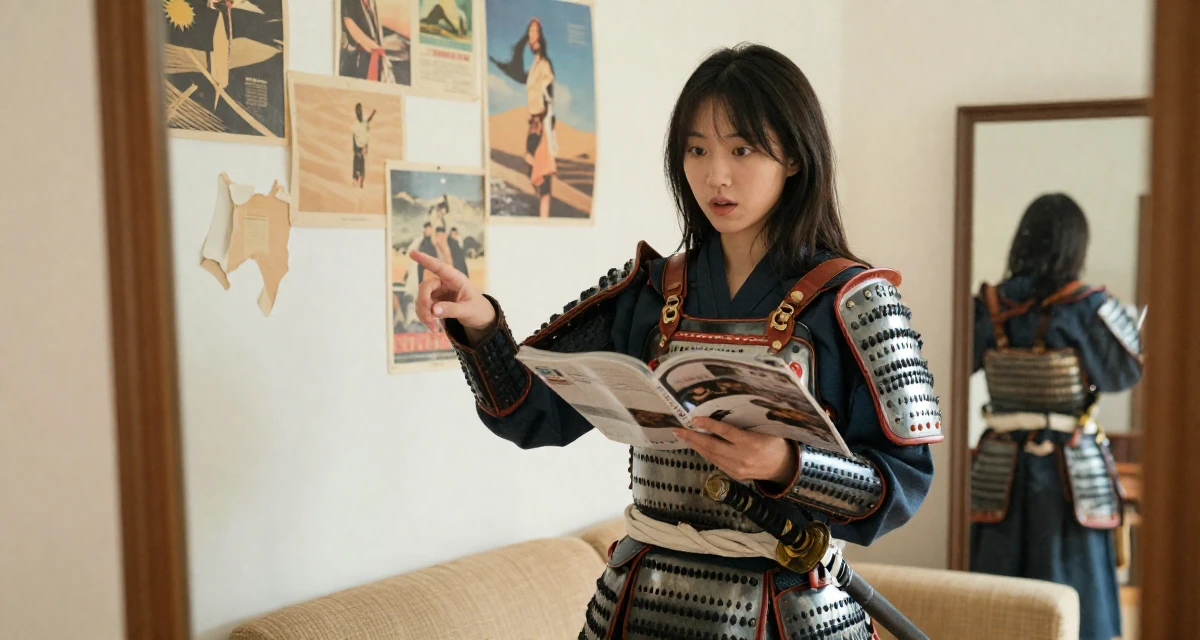 A subtly surprised Female From Guangzhou China, learned fashion styling through studio work in their 22, missing the freedom of student days, wearing a samurai armor set with a katana at the waist, flipping through a magazine in a sunlit living room.