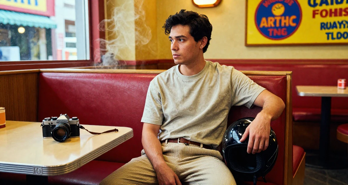 A cool and collected male From Canada, based in Montreal, graduated from a design program majoring in intimate visual arts in their 23, shifting from impulsiveness to intentional planning, wearing a relaxed fit pleated trousers, holding a helmet under one arm in a restaurant booth.