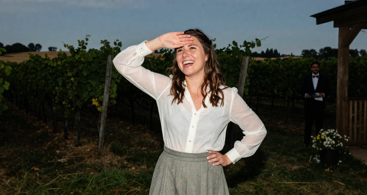 A radiant Female From USA, studied anthropology and folklore in their 22, learning to advocate for personal boundaries, wearing a sheer sleeve blouse and a high-waisted skirt, shading eyes with a hand in a wedding venue.