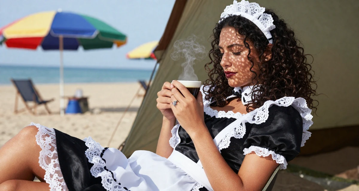 A peaceful Female From Geneva Switzerland, studied elegance-based visual storytelling in their 30, experimenting with bold fashion choices, wearing a french maid costume with black silk and white lace, playing with a ring in a camping site.