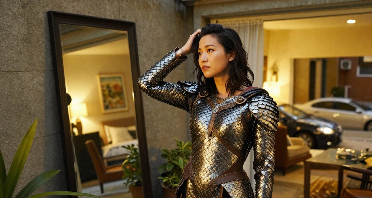 A distracted Female Once a junior accountant, now embracing creative independence in their 36, building a community for working moms, wearing a dragon scale armor texture with metallic sheen, watching traffic pass by in a backyard garden.