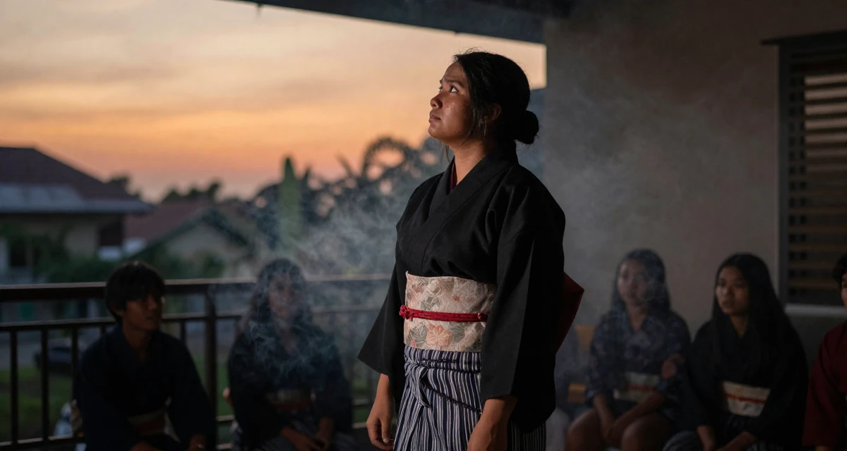 A grounded Female From Jakarta Indonesia, developed body-positive messaging through community work in their 25, worrying about being judged by classmates, wearing a shrine maiden outfit with a short hakama skirt, gazing at the sky in a home interior.