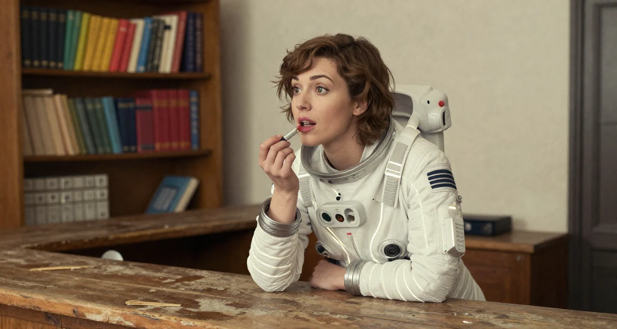 A expectant Female From Germany, majored in mechanical engineering in their 25, vibrating with creative potential, wearing a futuristic space pilot plugsuit with glowing lines, applying lipstick in a bakery counter.