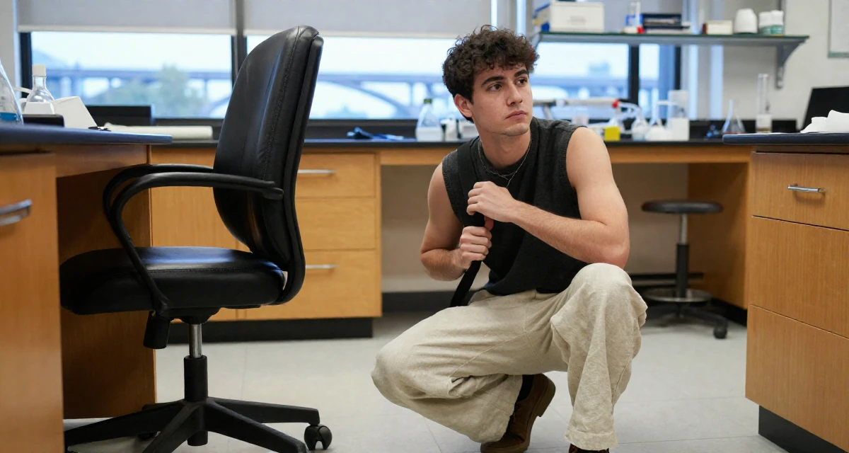 A resolute male From Canada, trained in advertising and branding in their 20, navigating the chaos of freshman year university life, wearing a sleeveless vest top and wide-leg linen pants, adjusting a shoulder strap in a science lab.