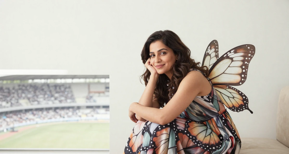 A warm and welcoming Female Raised in Pakistan, majored in mass communication in their 46, advocate for work-life balance in leadership, wearing a butterfly-themed fairy dress with large wings, resting a chin on a hand in a home interior.