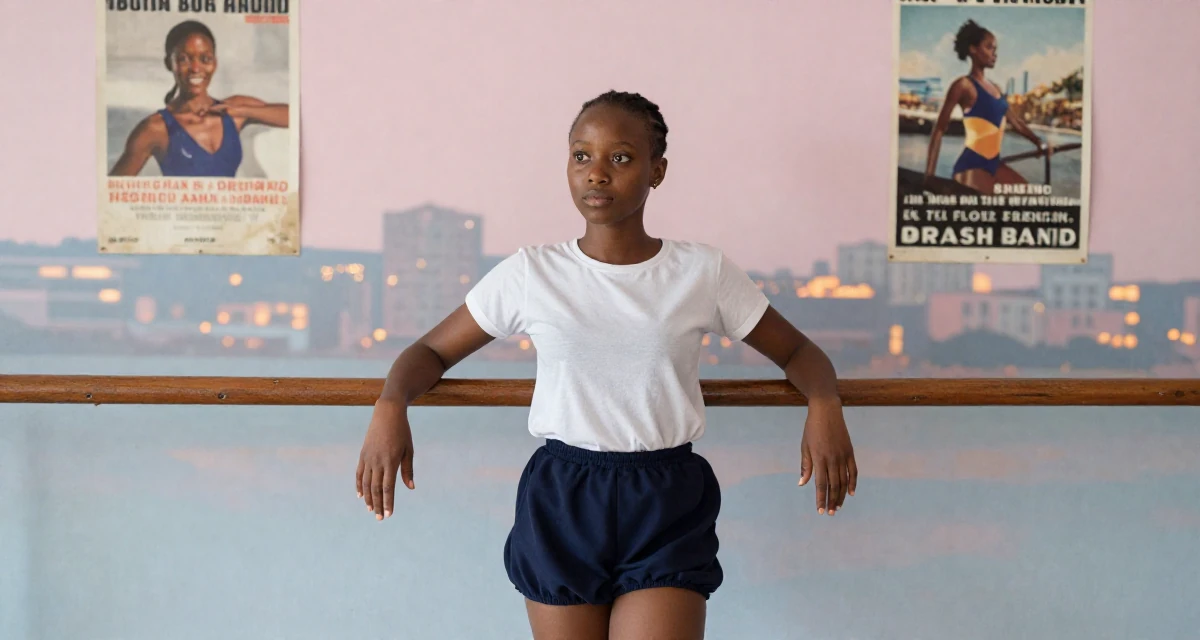A thoughtful Female From Mombasa Kenya, practiced swimwear aesthetics in coastal campaigns in their 20, balancing part-time jobs with intense study schedules, wearing a school gym uniform with bloomers and a white t-shirt, holding hands with someone unseen in a ballet studio.