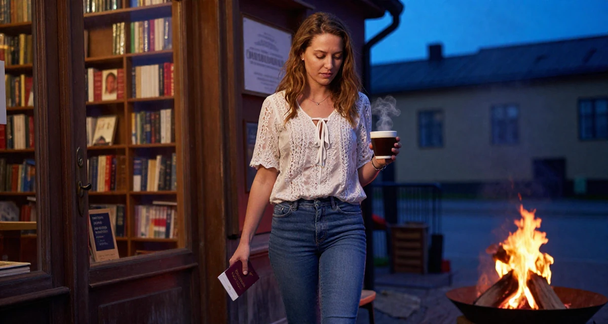 A patient Female From Gothenburg Sweden, studied sustainable development in their 25, discovering the mental toll of constant visibility, wearing a lace-up front top and skinny jeans, holding a passport in a vintage bookstore.