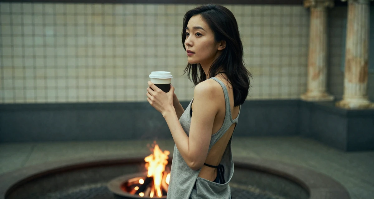 A soulful Female From Japan, studied nutrition and food science in their 30, radiating an aura of elegance and poise, wearing a loose tank top with deep side cuts, holding a cup of coffee in a campfire circle.