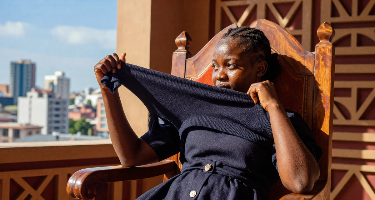 A focused Female From Ghana, majored in banking and finance in their 22, forming early ideas of personal branding, wearing a dark academia inspired outfit, pulling a sweater sleeves over hands in a royal palace throne room.