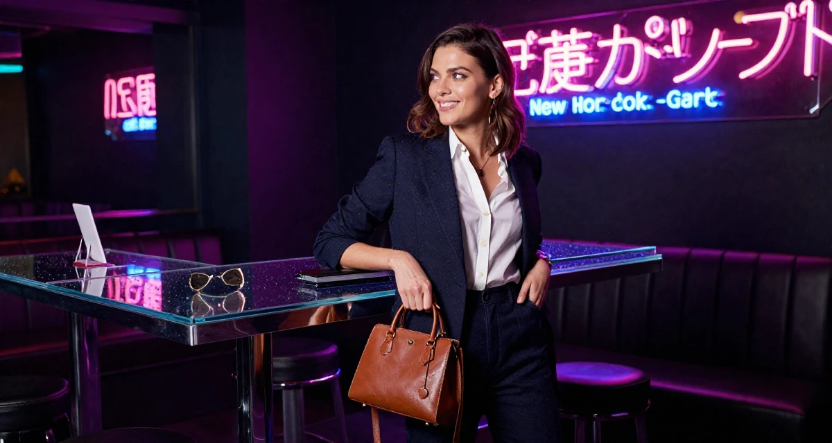 A pleased Female From New York USA, learned editorial posing through fashion internships in their 23, embracing flirtatious storytelling in creative sets, wearing a refined casual Friday look, carrying a leather handbag in a high-end restaurant.