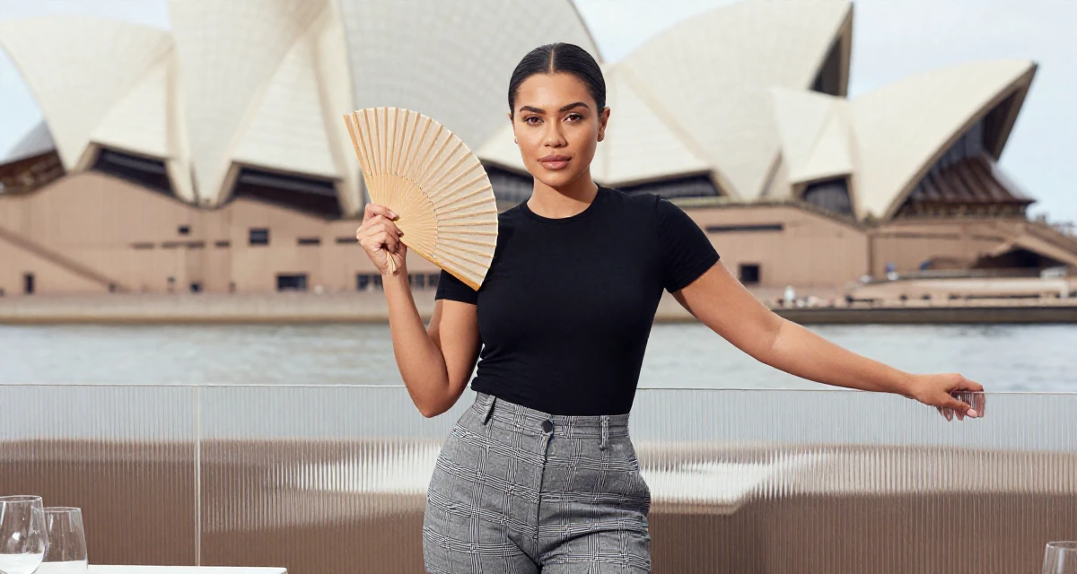 A assured Female Once a barista, now a full-time creator leaning into aesthetic storytelling in their 24, curating a specific high-end lifestyle, wearing a grey plaid trousers and a fitted black tee, fanning self with a hand in a restaurant booth.