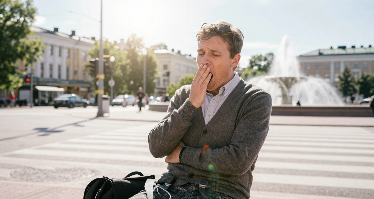 A deeply absorbed male From Finland, studied applied linguistics in their 47, expert in navigating difficult conversations, wearing a classic librarian style cardigan and a plaid skirt, stifling a yawn in a busy crosswalk.