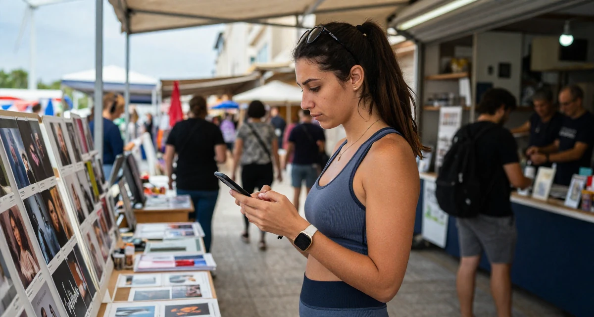 A introspective Female From Greece, based in Athens, graduated from a design academy majoring in romantic-themed media in their 25, establishing a distinct personal brand, wearing a fitted athletic wear, checking a phone in a waiting room.