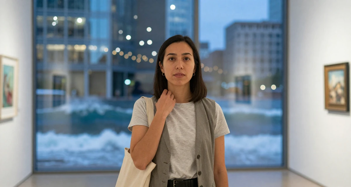 A focused Female From USA, studied computer science but switched to arts in their 23, balancing vulnerability and professionalism, wearing a casual vest and t-shirt layer, carrying a tote bag in a art gallery hall.