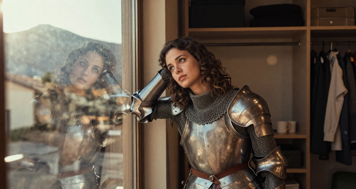 A carefree Female From Italy, studied product design in their 22, feeling the imposter syndrome in a first serious job, wearing a female knight armor with a tabard and chainmail, looking at a reflection in a window in a walk-in wardrobe.