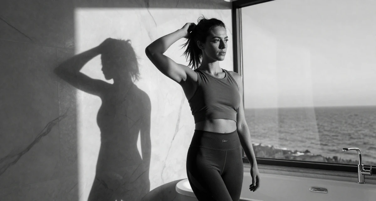 A indifferent Female From Johannesburg South Africa, majored in sport management in their 25, fighting comparison with creators who grew faster, wearing a gym shark style seamless leggings and matching crop top, running fingers through hair in a marble bathroom with a tub.