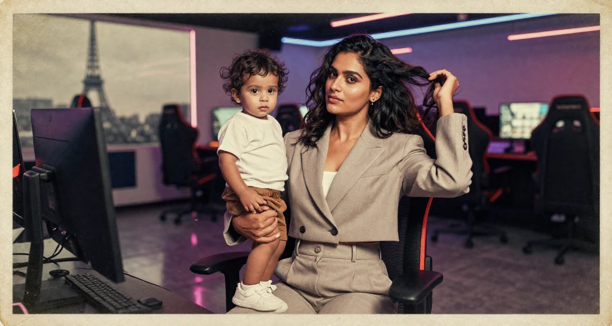 A confident Female From Sri Lanka, based in Kandy, graduated from a regional institute majoring in advertising in their 35, raising a toddler while building a business, wearing a cropped business jacket and high-waisted pants, fixing a loose strand of hair in a gaming room.