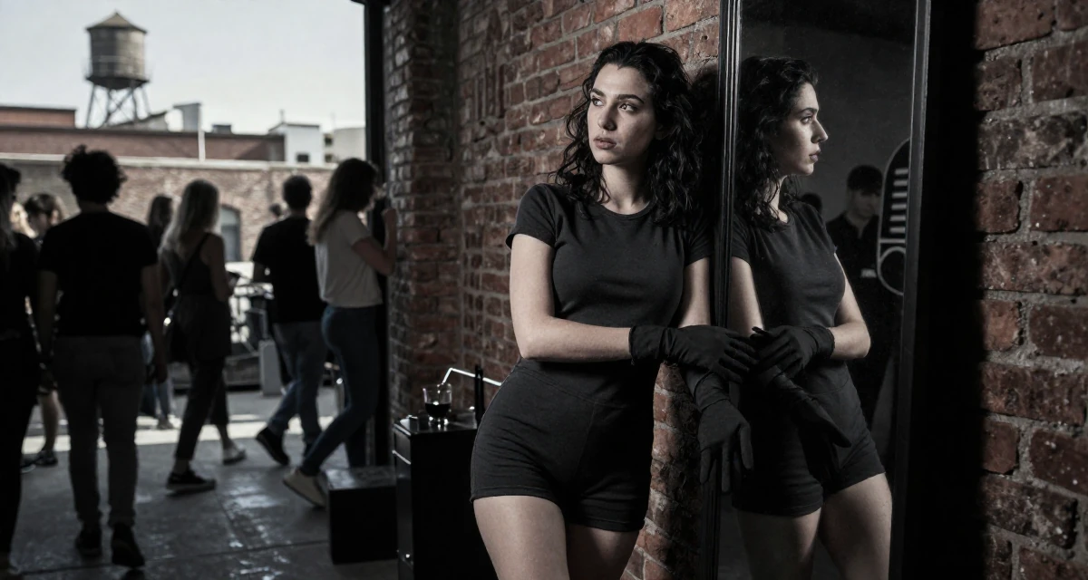 A unbothered Female From Barcelona Spain, majored in audiovisual production in their 22, feeling the imposter syndrome in a first serious job, wearing a cotton jersey romper that fits tightly, putting on a glove in a loft apartment with brick walls.