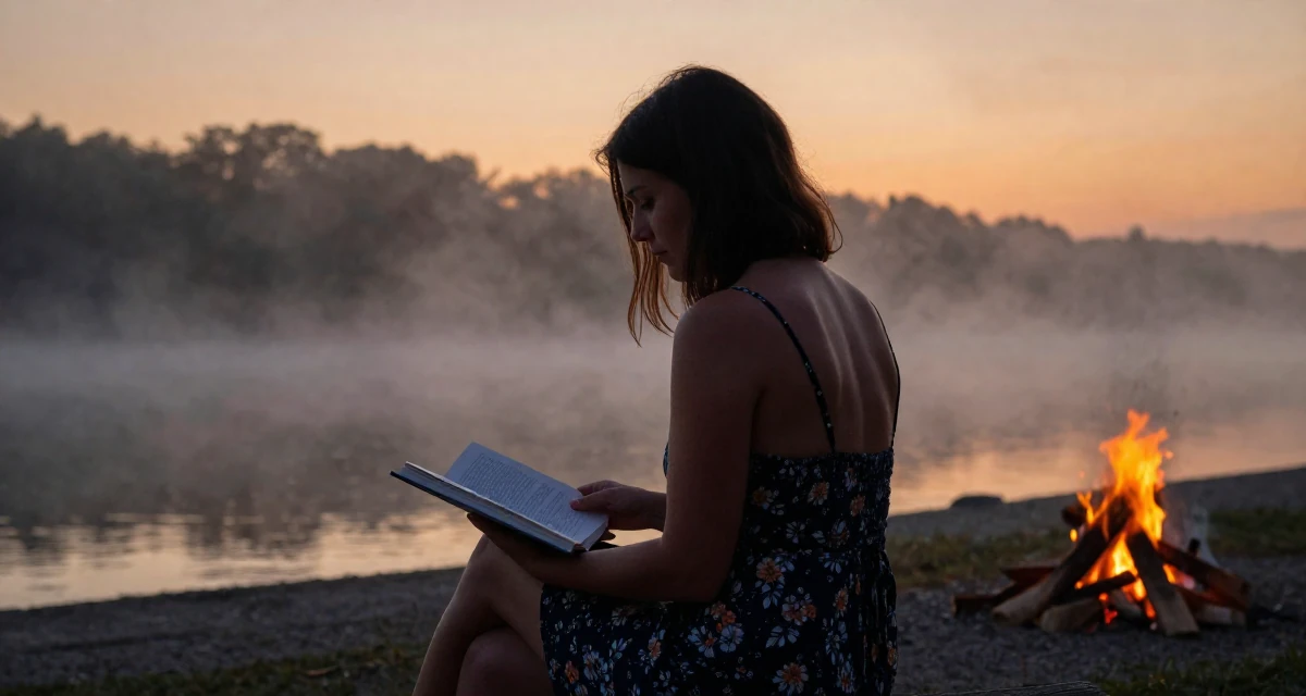 A mellow Female From Luxembourg, studied European business law in their 34, creating content about pet care and training, wearing a backless summer sundress in a floral print, opening a book in a foggy harbor.