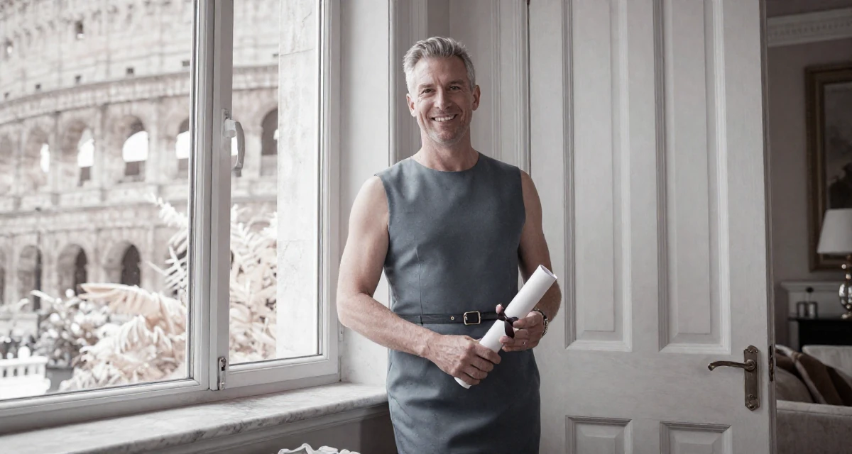 A friendly and approachable male From Birmingham United Kingdom, holds a degree in economics in their 50, inspiring others to start over at any age, wearing a fitted sleeveless shift dress with a belt, leaning against a door in a sunlit living room.