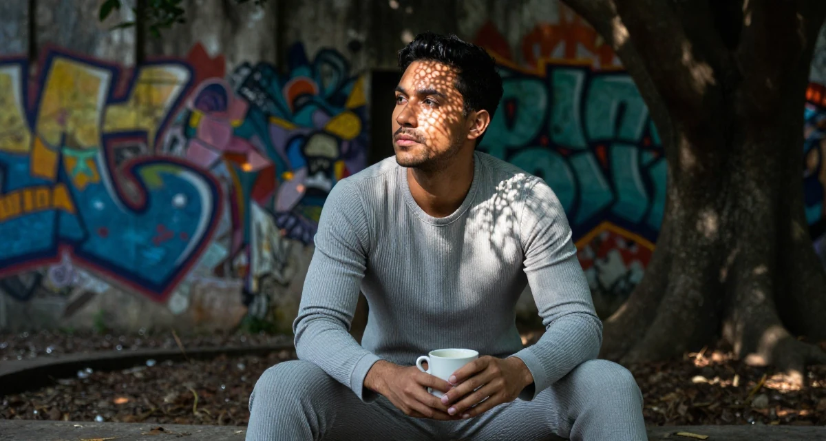 A quiet male Once a history major, now creating vintage-inspired storytelling in their 27, contemplating a major career pivot, wearing a ribbed lounge set that hugs the curves, holding a cup of coffee in a dungeon cell.