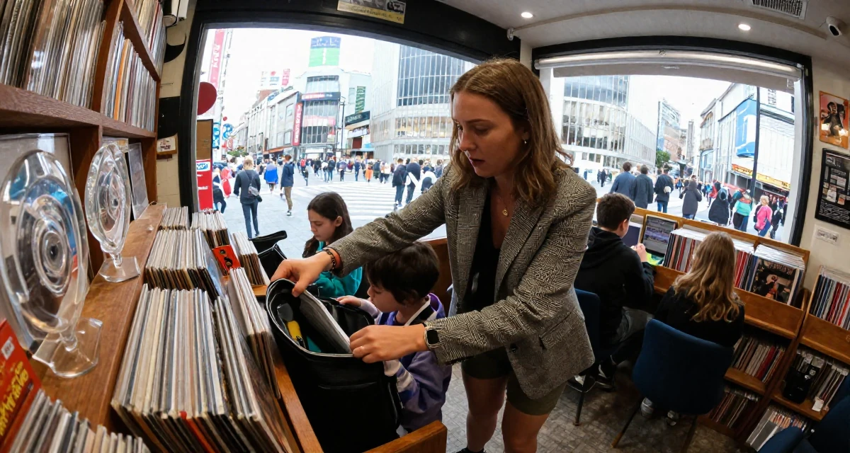 A expectant Female From Ireland, based in Cork, graduated from a regional college majoring in digital content creation in their 45, helping kids through school, wearing a structured blazer with shorts, reaching into a bag in a vintage record store.