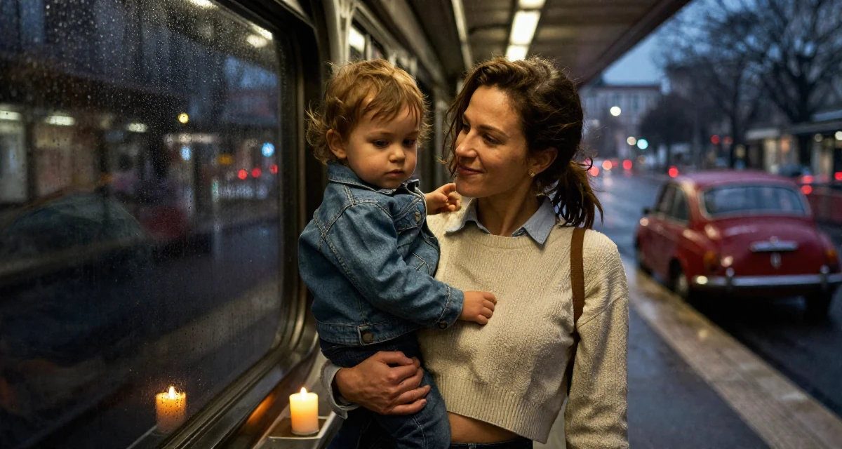 A flirty Female From Switzerland, based in Geneva, graduated from a local university majoring in communication management in their 35, raising a toddler while building a business, wearing a cropped sweater over a collared shirt, looking for something in a pocket in a subway platform.