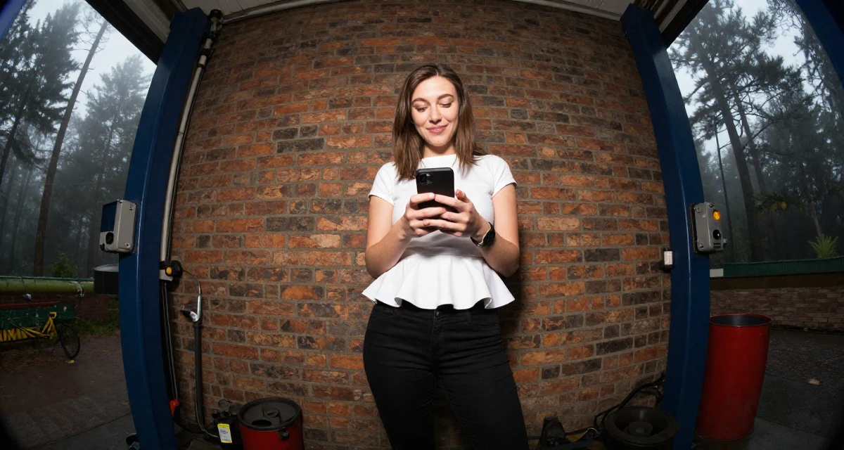 A lighthearted Female Born in Wales, majored in education studies in their 22, joining creator communities for tips and support, wearing a white peplum top and skinny black trousers, checking a notification on a phone in a mechanic garage.