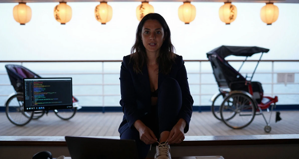 A open and honest Female From Copenhagen Denmark, studied influencer branding and content campaigns in their 33, teaching coding and tech skills online, wearing a fitted blazer with nothing underneath but a lace bra (hinted), tying a shoelace in a cruise ship deck.