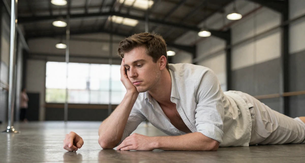 A composed male From Sydney Australia, trained in pole fitness and expressive dance in their 25, making peace with early awkward content, wearing a light and airy spring attire, picking something up in a industrial warehouse.