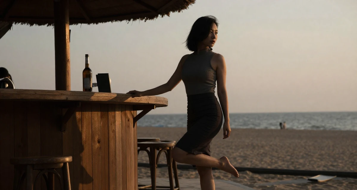 A shy Female From Chinese-speaking regions, majored in marketing analytics in their 31, balancing career peaks with personal downtime, wearing a mock neck sleeveless top and a pencil skirt, glancing over the shoulder in a beach bar.